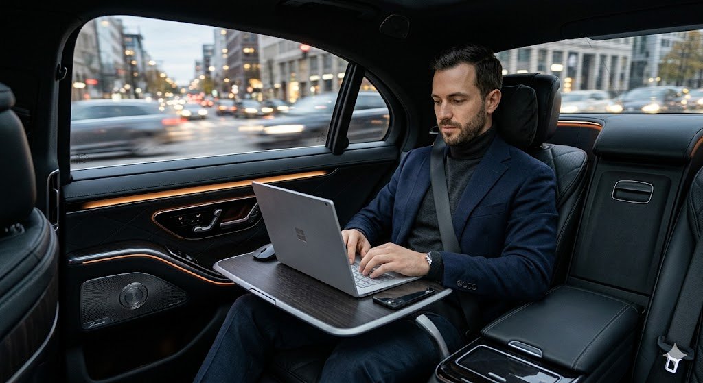 Executive working in luxury car back seat